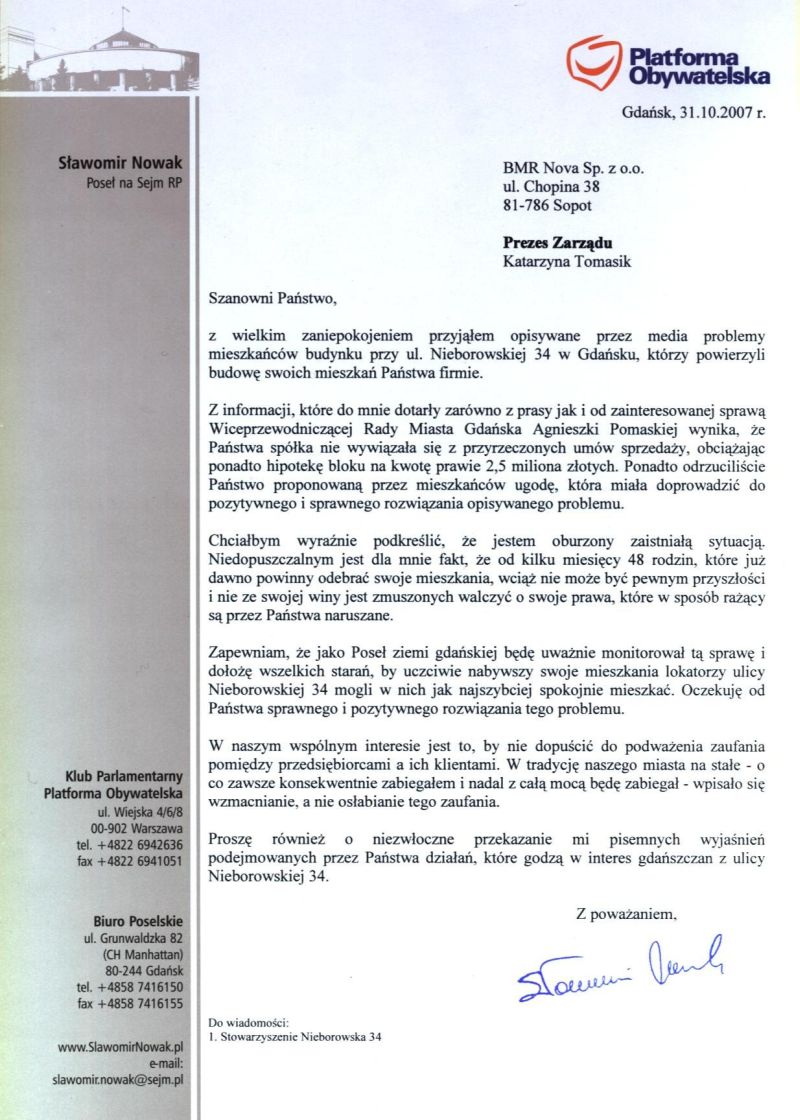 Wsparcie p. Sławomira Nowaka - Posła na Sejm RP Wsparcie p. Sławomira Nowaka - Posła na Sejm RP