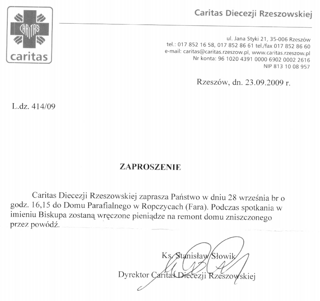 Darowizna od Caritas - zawiadomienie Darowizna od Caritas - zawiadomienie