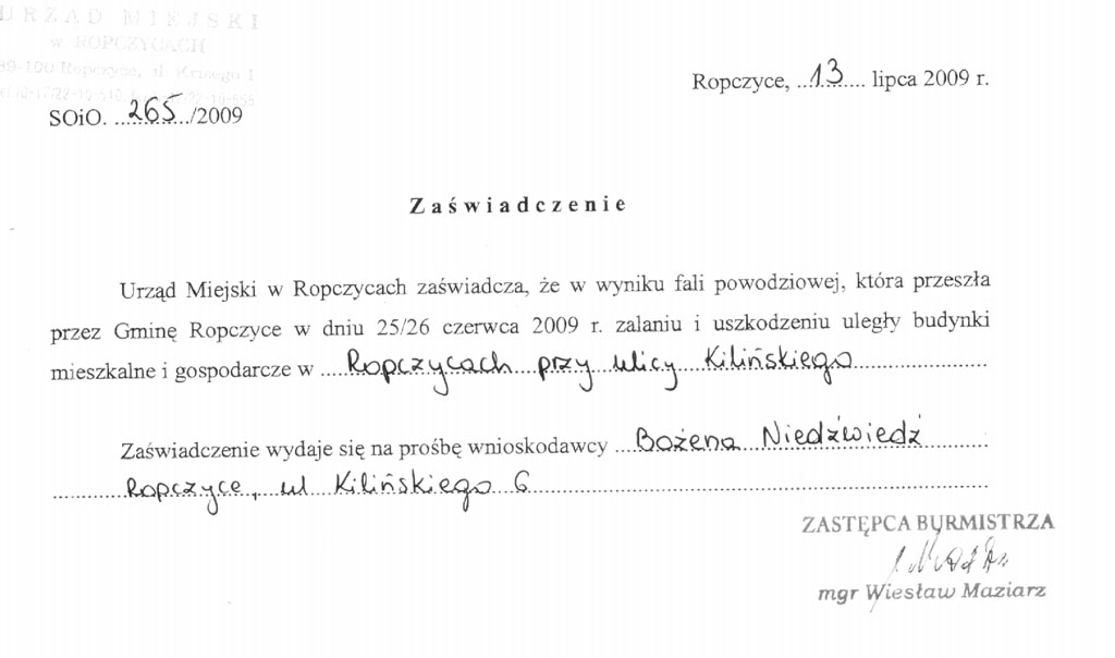 Zawiadczenie od UMiG
