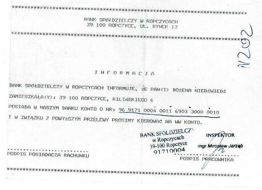 Zawiadczenie z banku o rachunku